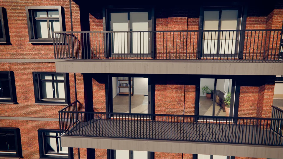 Tuğla cephe, metal korkuluk ve iç mekâna açılan balkon detayı